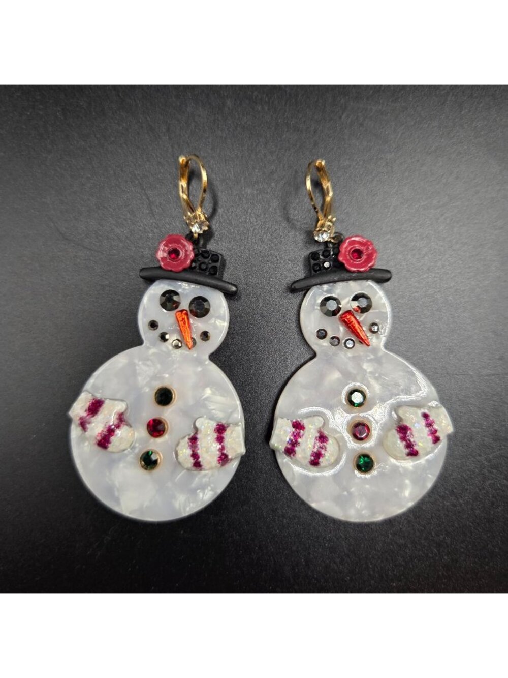 Betsey Johnson Earrings Snowman Winter Holiday 3D Crystals Large Dangle